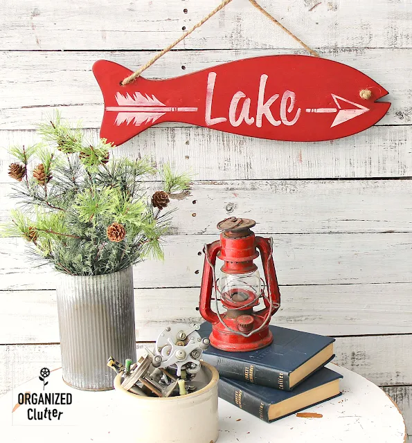 Thrift Store Fishing Rod Holder Repurposed As Lake Sign #oldsignstencils #stencil #upcycle #sign #thriftshopmakeover #Lakesign