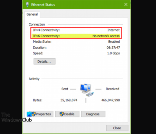 การเชื่อมต่อ IPv6: ไม่มีข้อผิดพลาดในการเข้าถึงเครือข่าย