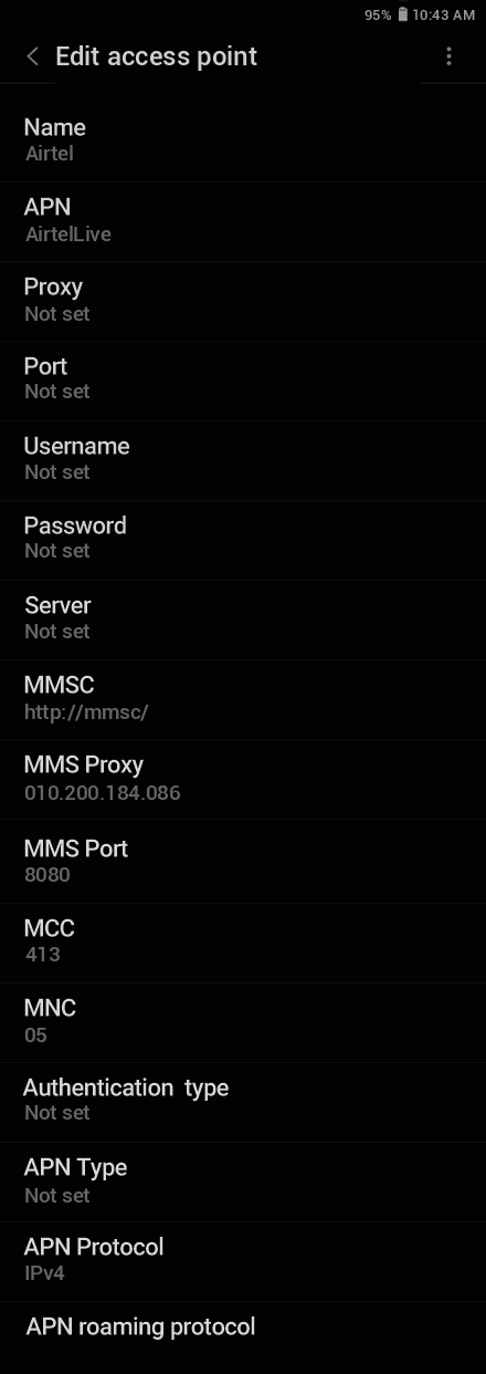 Android Device Airtel APN settings screenshot