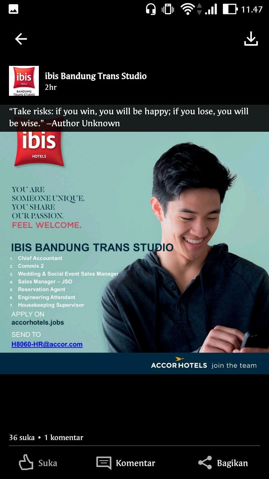 Lowongan Kerja HOTEL IBIS BANDUNG TRANS STUDIO (7 POSISI