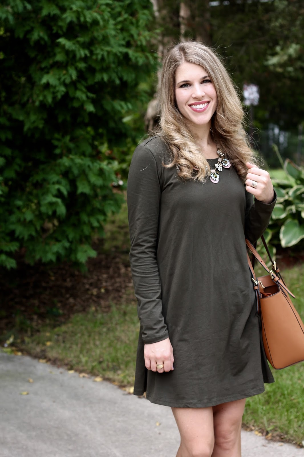 Olive swing dress, blush lace up flats, statement necklace, Tory Burch tote