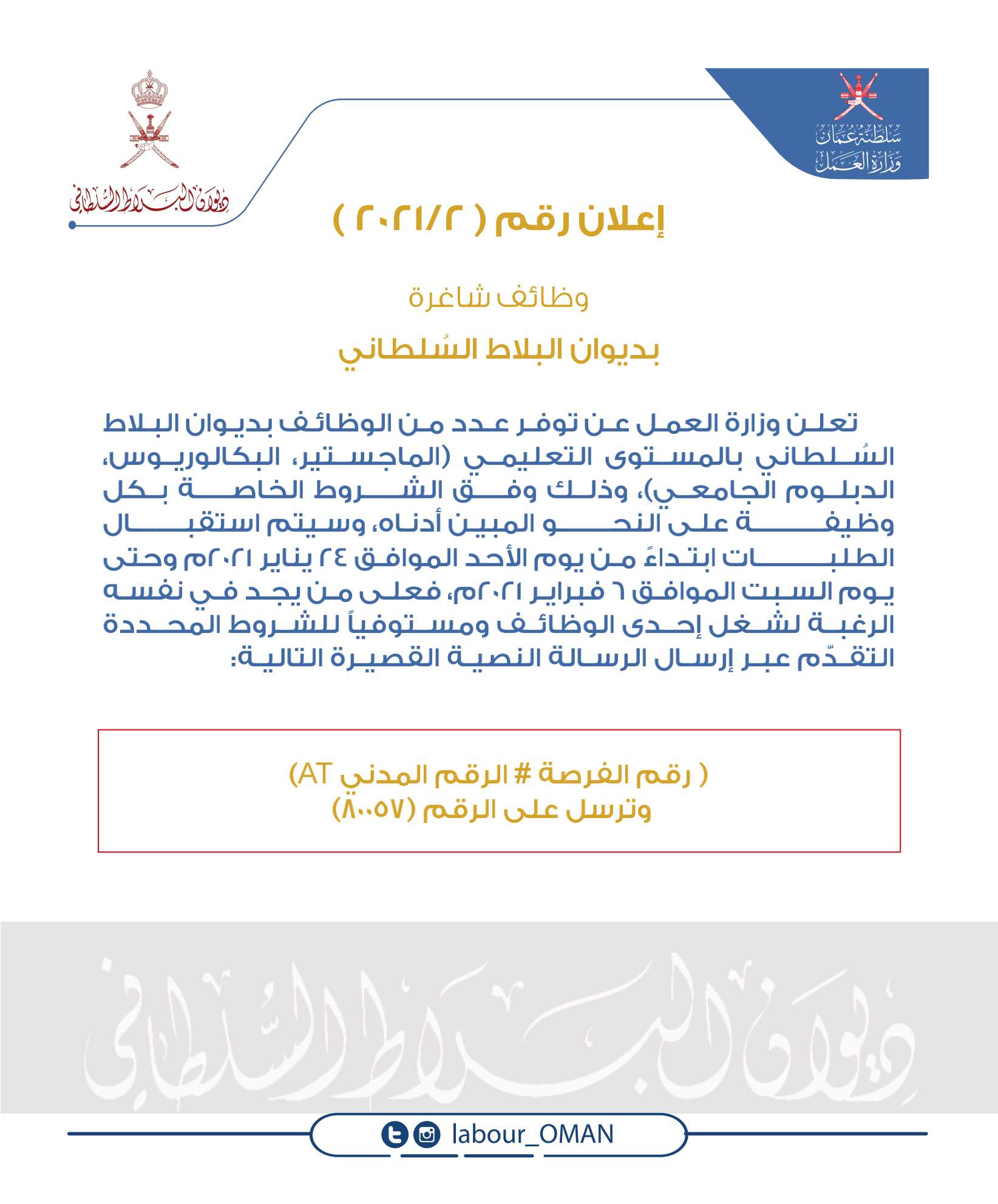 وظائف شاغرة بديوان البلاط السلطاني 2021 وظائف شاغرة بديوان البلاط السلطاني 2021