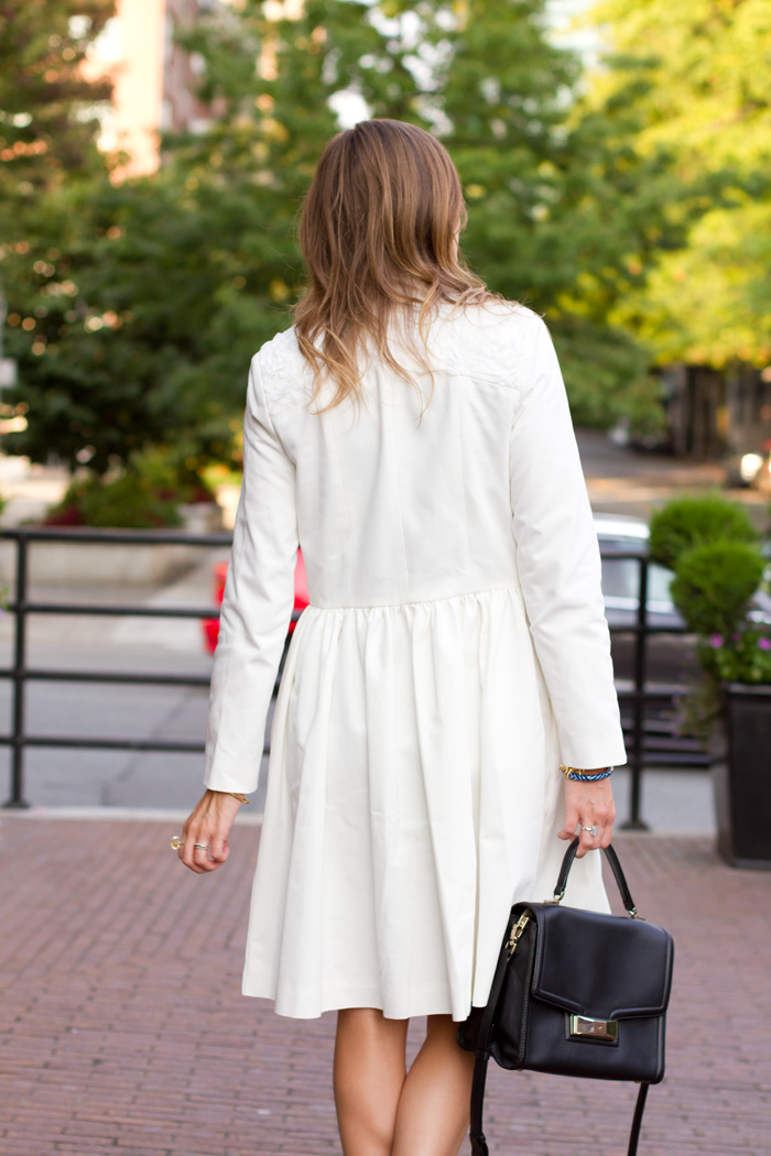 Vancouver Fashion Blogger, Alison Hutchinson, has styled a White Dawson & Deveraux Coat, gold bejeweled zara ballet flats, a One Fated Knight Tote and a Michael Kors Watch