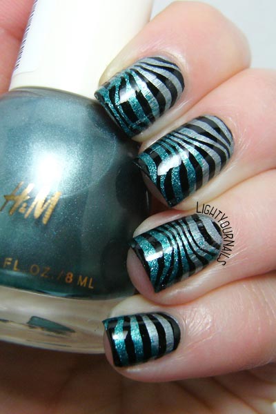 Glittery blue zebra nail stamping nail art feat. H&M Silver Fern and Geometry BPX-L020 stamping plate