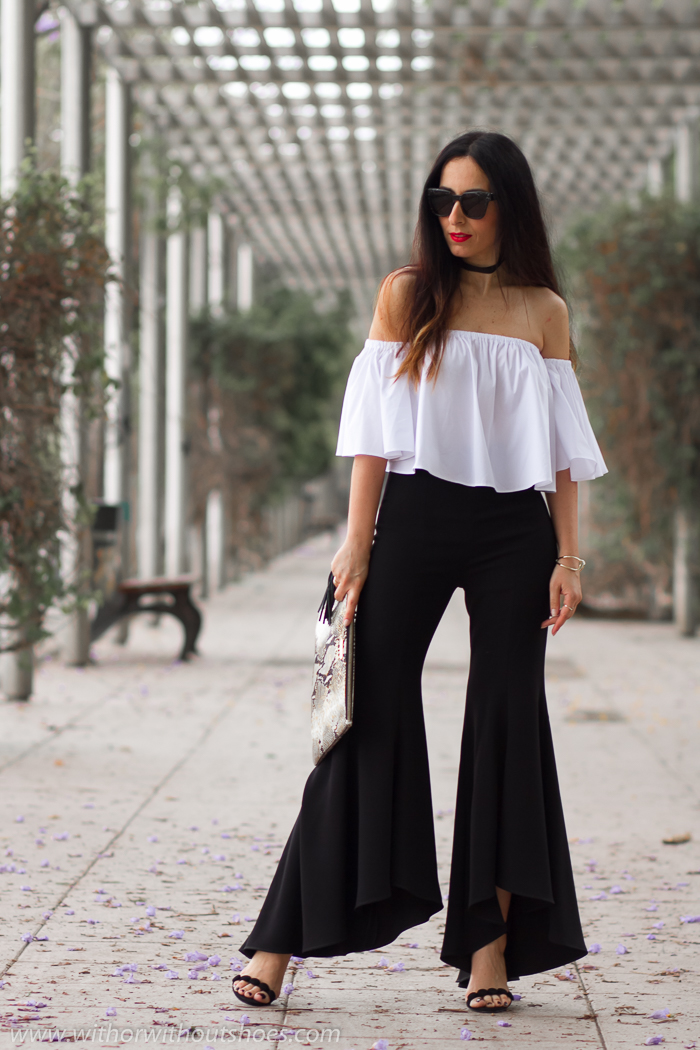 Pantalones Cropped Acampanados Blusa Hombros Al Aire Y Choker With Or Without Shoes Blog Influencer Moda Valencia Espana