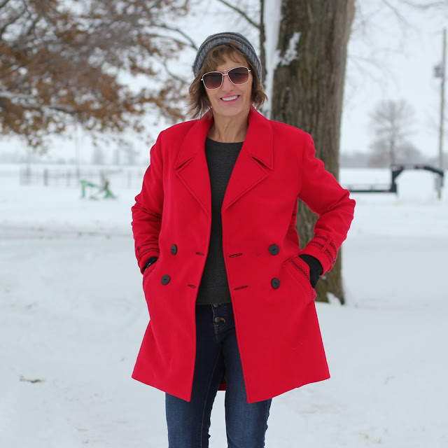Simplicity 8451 red wool coat with decorative stitches created in the Embroidery Mode with the Pfaff Creative Icon - worn open