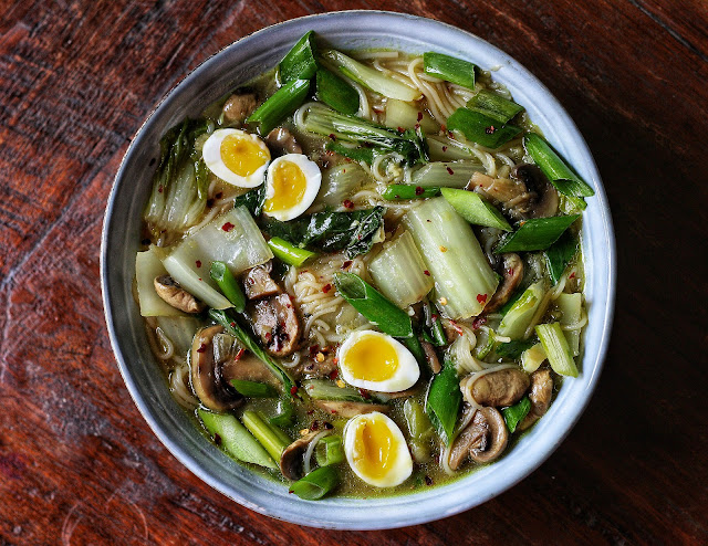 Bok Choy Noodle Soup with Quail Eggs