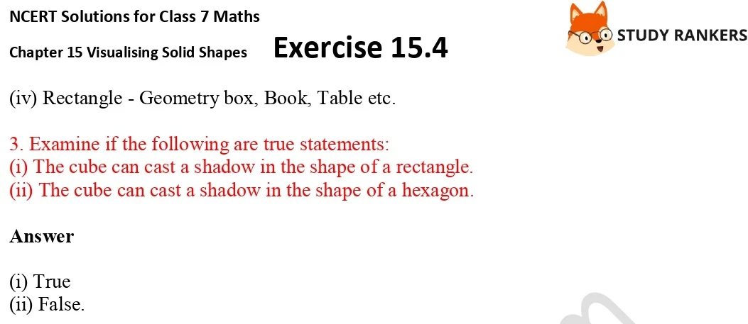 NCERT Solutions for Class 7 Maths Chapter 15 Visualising Solid Shapes Exercise 15.4 Part 2