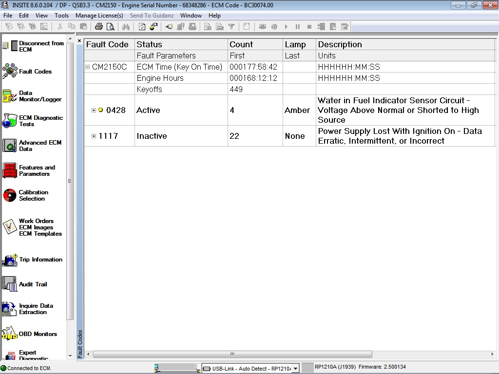 Water In Fuel Indicator Sensor Circuit Voltage Above Normal (Fault