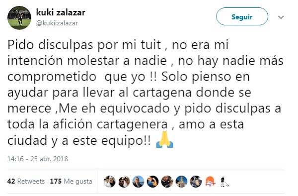 Cartagena, Kuki pide perdón tras un mensaje pensando en el Málaga