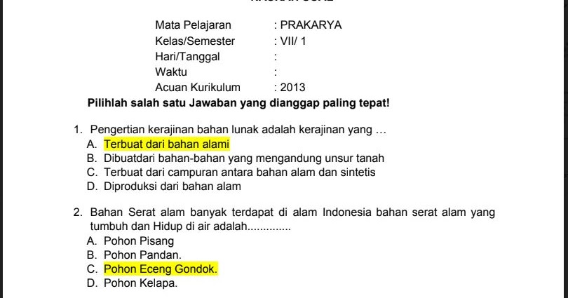 Soal Pts Prakarya Kelas 7 Sem 1 Kurikulum 2013 Jawaban Soal Pelajaran