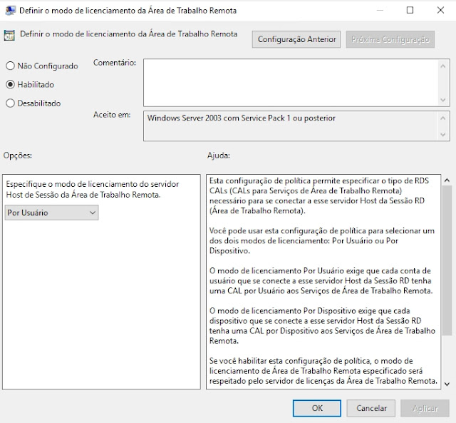 Definindo servidor de licenças de Área de Trabalho Remota (RDS) no Windows Server 2016 via editor de política