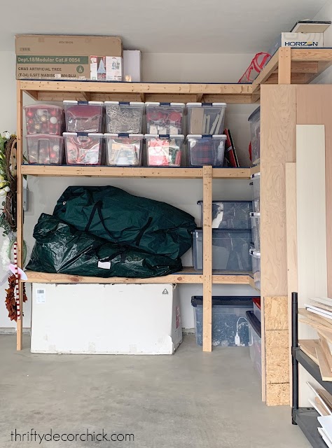 organized holiday decor in garage