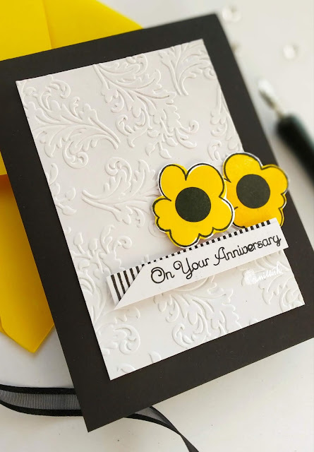 Uniko Ltd, floral card, Anniversary card, dry embossing, Quillish, Marimekko flowers, Uniko style stamp, Uniko pinstripe stamp,Time out challenges, clean and simple card, yellow and black card 