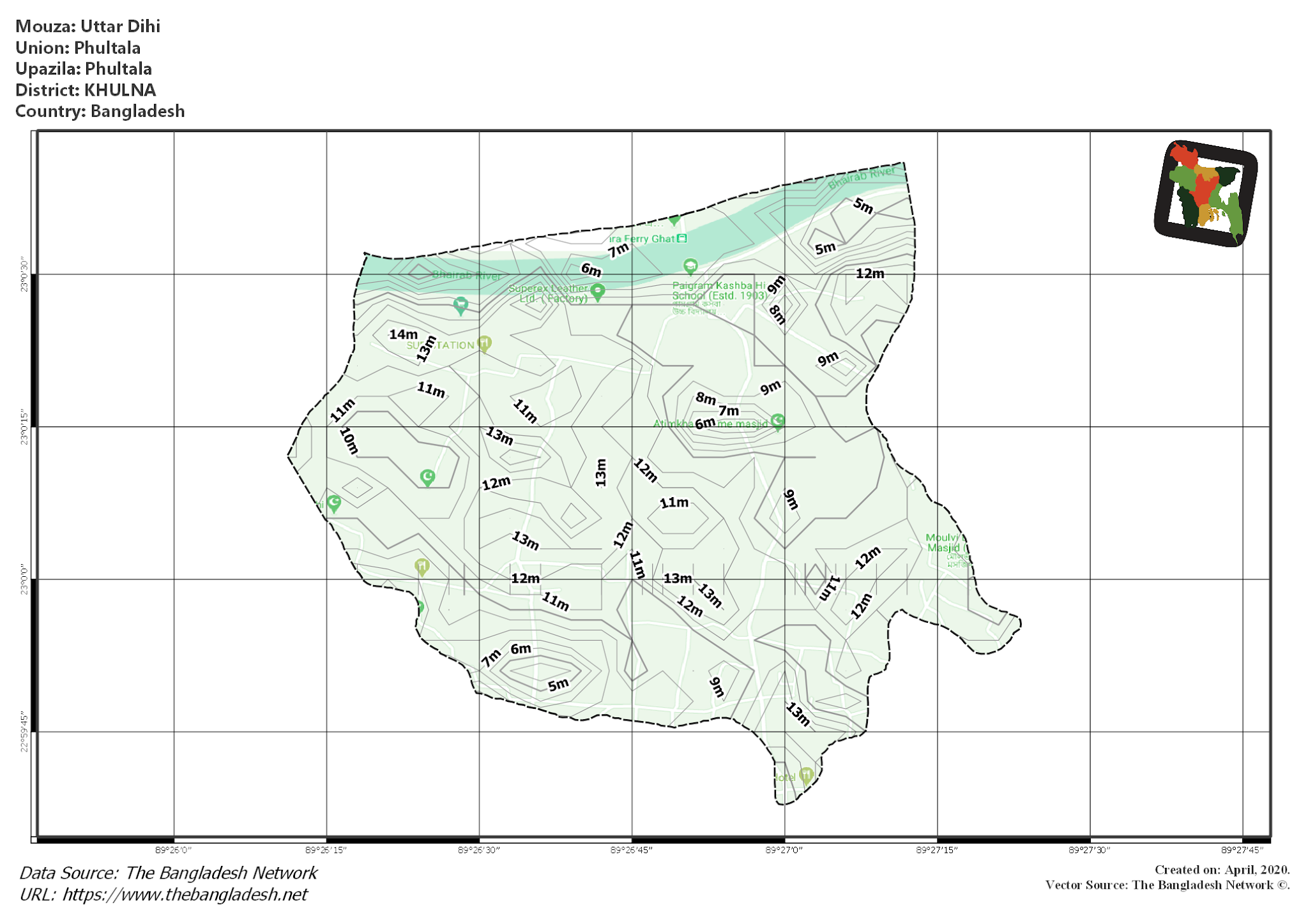 Map of Uttar Dihi Mouza of Phultala Upazila, KHULNA, Bangladesh.