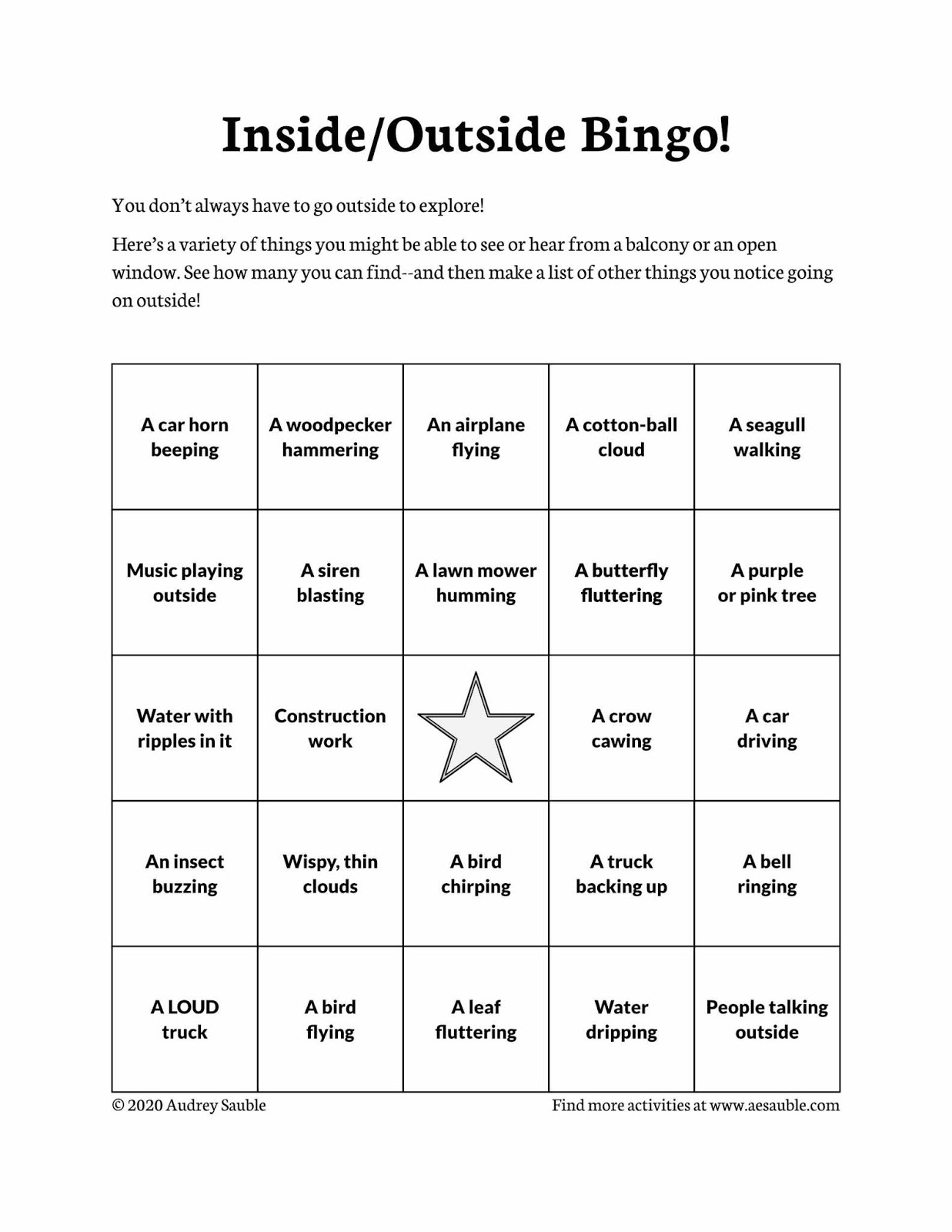 Inside/Outside Bingo