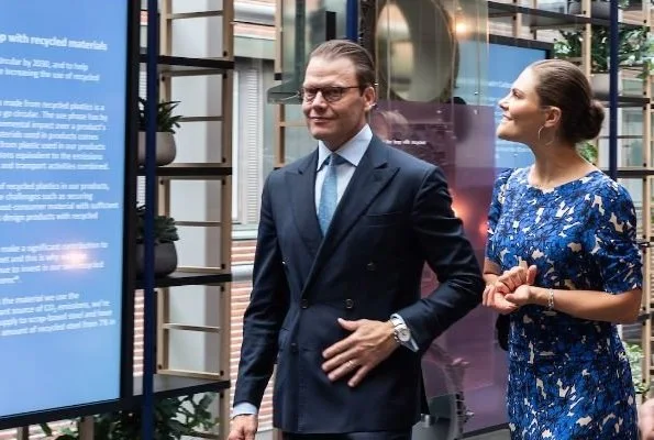 Crown Princess Victoria wore a blue print midi dress from Rodebjer. Electrolux Company which celebrates 100th anniversary of its establishment