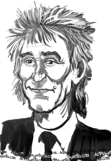 Rod Stewart caricature cartoon. Portrait drawing by caricaturist Artmagenta