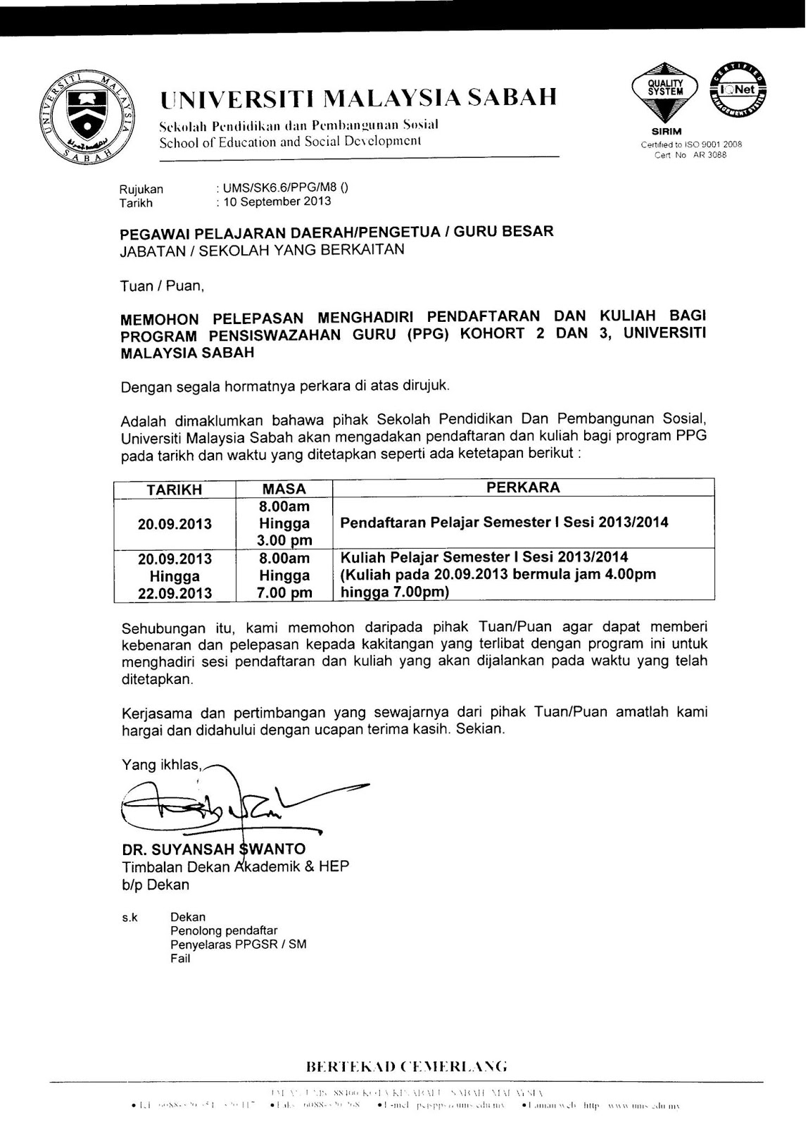 Surat Permohonan Pelepasan Untuk Guru-Guru PPG Kohort 2 & 3 Universiti