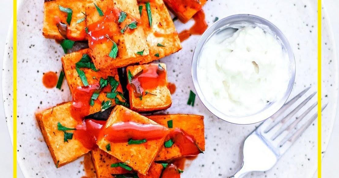 THE BEST Crispy Buffalo Tofu Bites With Garlicky Yogurt + Feta Dip
