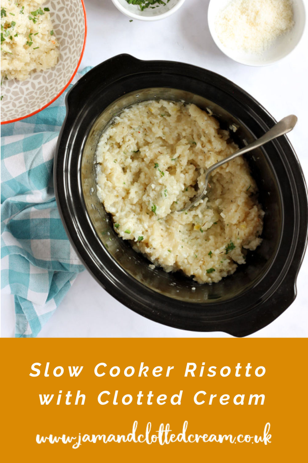 Slow Cooker Risotto Pinterest pin with text overlay.