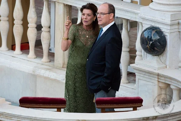 Prince Albert and Princess Caroline attended the celebrations of the Corpus Christi from the Gallery of Hercules at the Prince's Palace of Monaco. Princess Caroline style wore Lace dress spring summer 2016 dress fashion