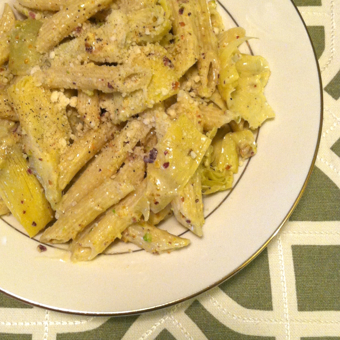 Jactionary Penne Pasta with Artichokes and Pistachio Sauce