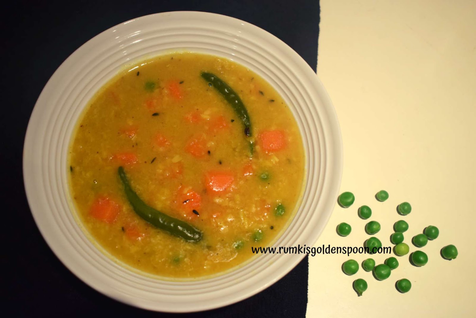 Indian Recipe, Bengali Cuisine, Vegetarian, Vegan, Bengali Style Vegetable Moong Dal (Yellow Lentils with Peas and Carrots), Moog Dal, Bong ranna, Rumki's Golden Spoon