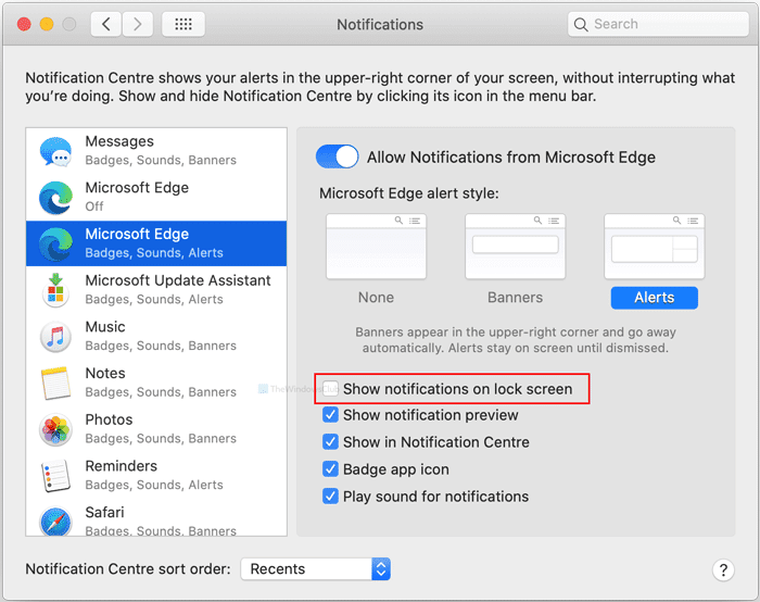 macOS의 잠금 화면에서 Microsoft Edge 알림을 비활성화하는 방법