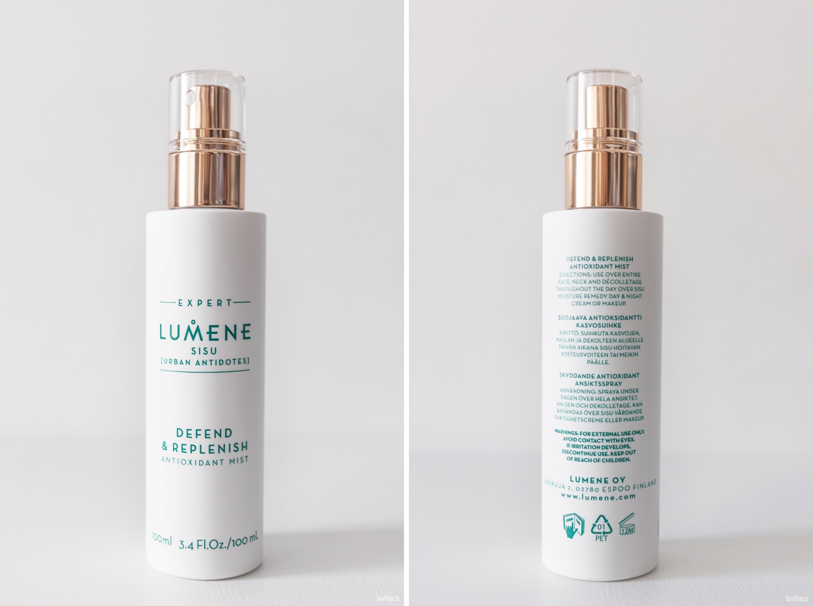 lavlilacs LUMENE Sisu Urban Antidotes Defend & Replenish Antioxidant Mist bottle back and front