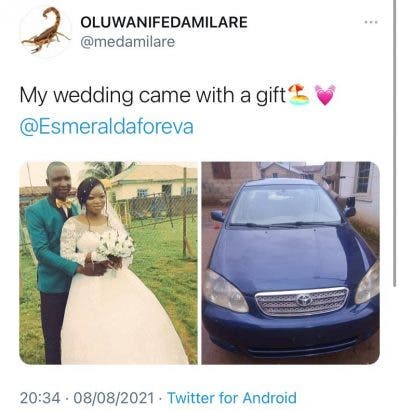 Nigerian woman gifts her husband a  brand new car on their wedding day