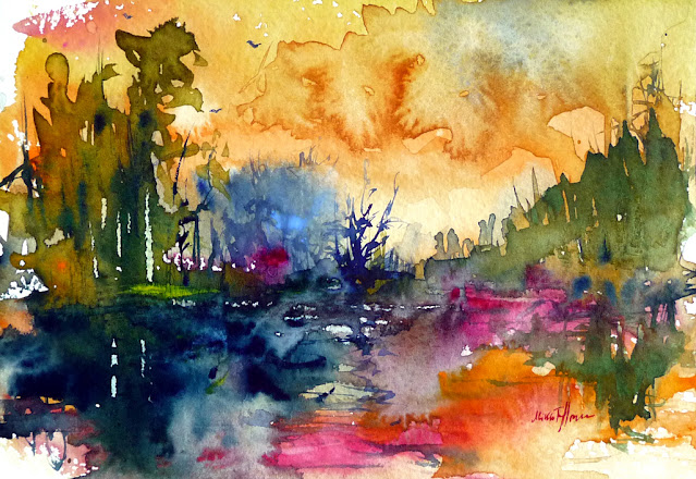 Sunset watercolor painting by Mikko Tyllinen