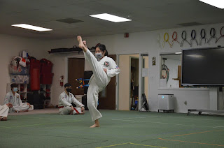 A martial arts lady doing a high front kick in a taekwondo class