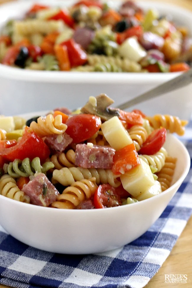 Roasted Vegetable Pasta Salad by Renee's Kitchen Adventures in small white bowl