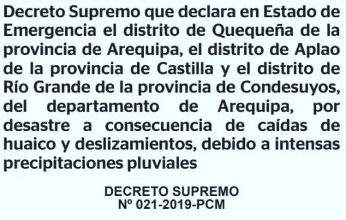 Decreto Supremo que declara estado de Emergencia Arequipa Nº 021-2019-PCM 