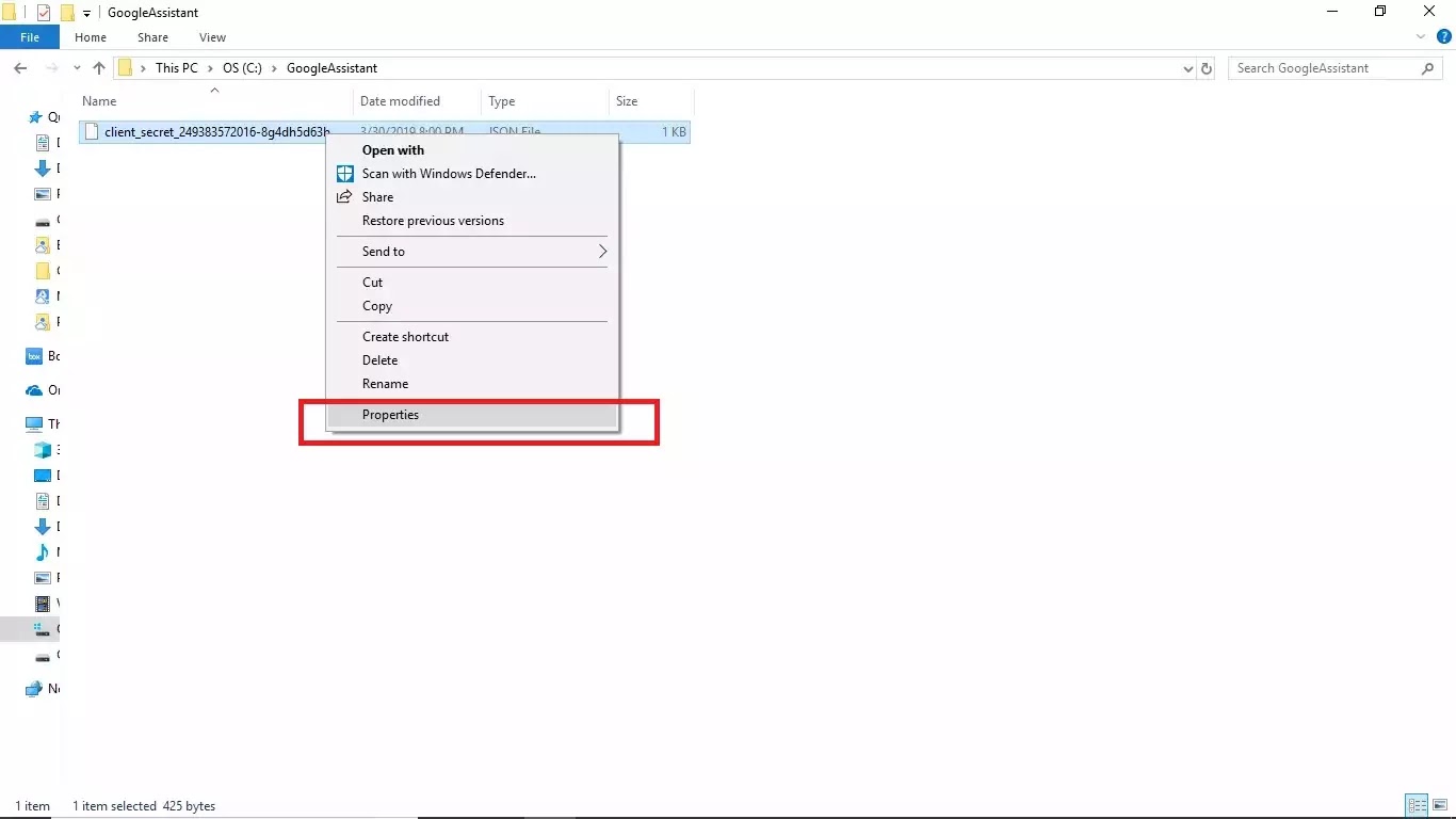 right-click in Windows File Explorer to view Client_Secret properties