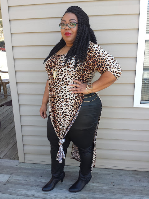 Plus size leopard-print maxi tee with faux leather leggings and black booties