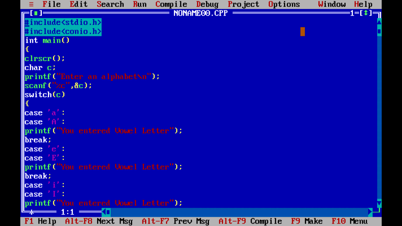 Program to check whether a entered letter is vowel or not using switch