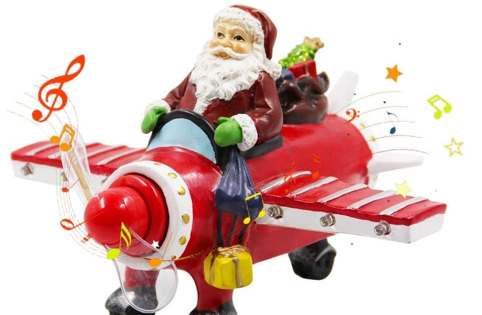 Christmas Collectible Figurine Santa Musical Airplane, LED Light Up