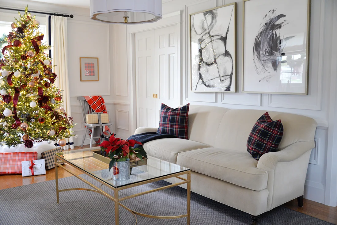 Camel william birch english roll arm sofa. Tartan pillows. Christmas decor ideas. Living room decorated for Christmas
