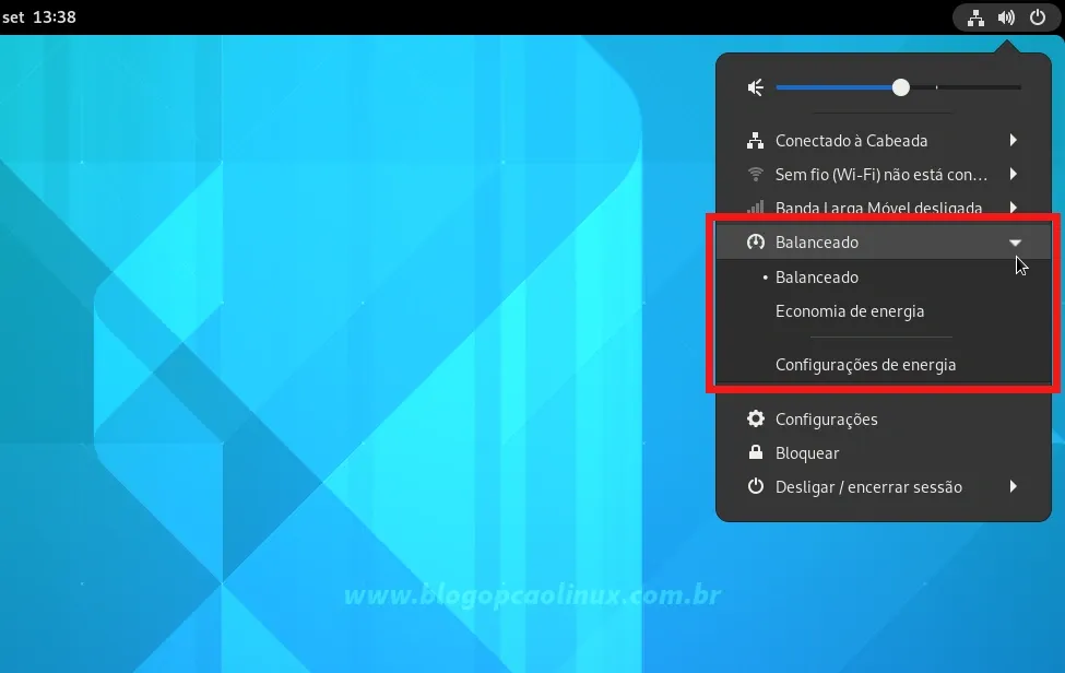 É possível alterar os modos de energia pelo menu de Status do Sistema - GNOME 41