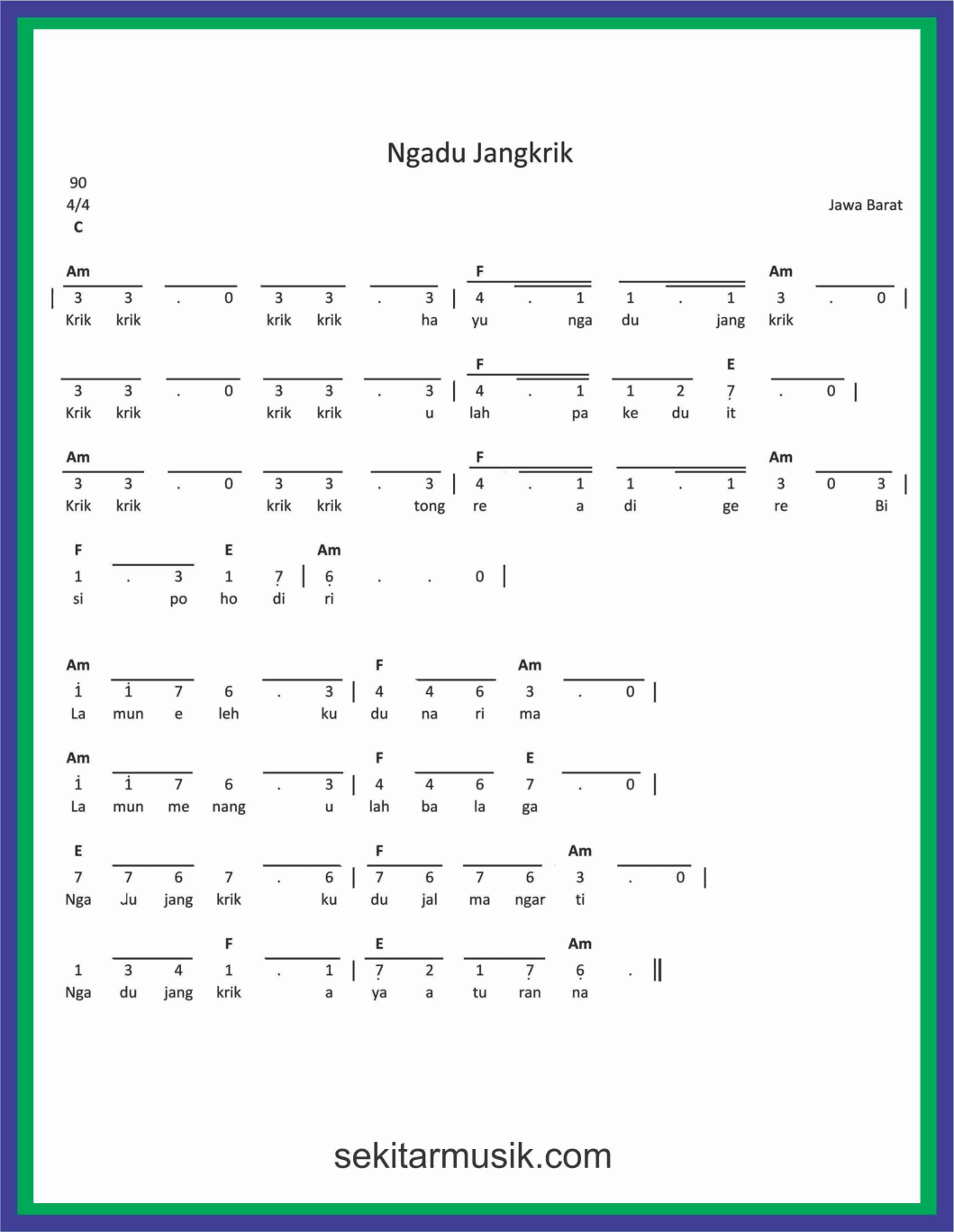 Not Angka Lagu Ngadu Jangkrik Sekitar Musik