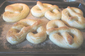 Hand twisted, homemade baked pretzels.