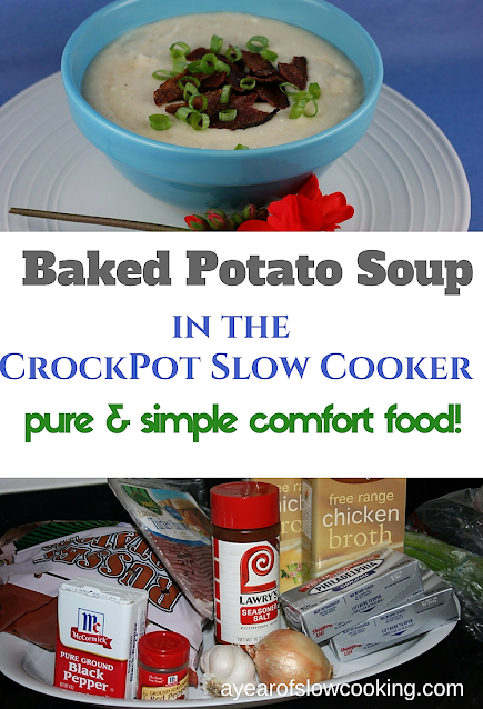 How to make Homemade from Scratch Baked Potato Soup in the CrockPot Slow Cooker. This is gluten free and serves 10 and is from ayearofslowcooking.com