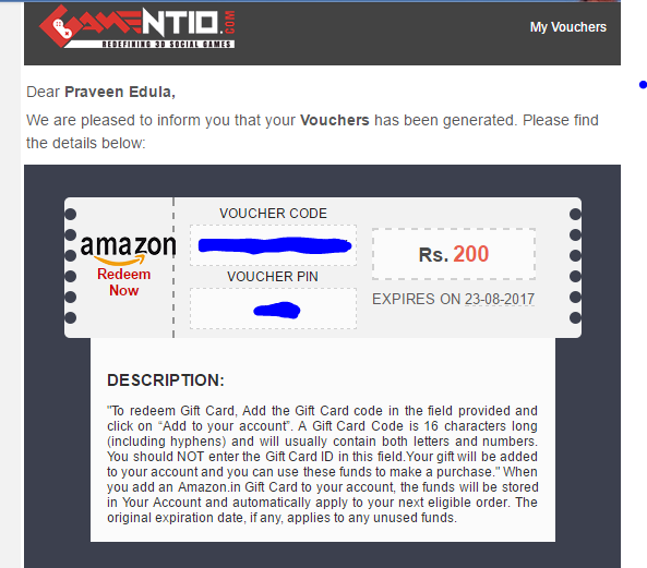 Gamentio Earn Amazon Voucher 200 Points on Sign up & 500 Points Per