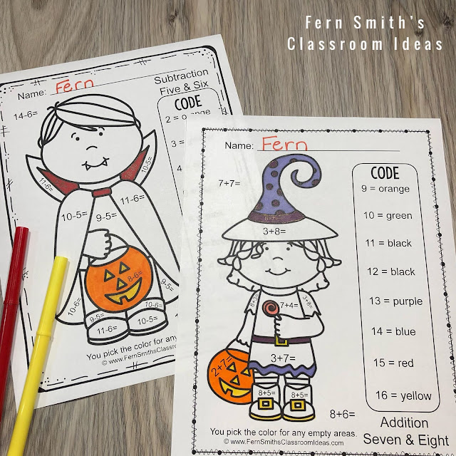 Halloween Color By Number Cute Students in Halloween Costumes for Some October Halloween Fun For Your Addition and Subtraction Math Lessons - For Kindergarten, First Grade and Second Grade - TeacherspayTeachers - #FernSmithsClassroomIdeas