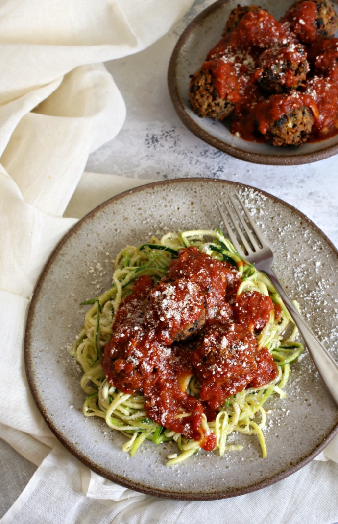 Hungry Couple Black Bean and Vegetable Meatballs with Zucchini Noodles