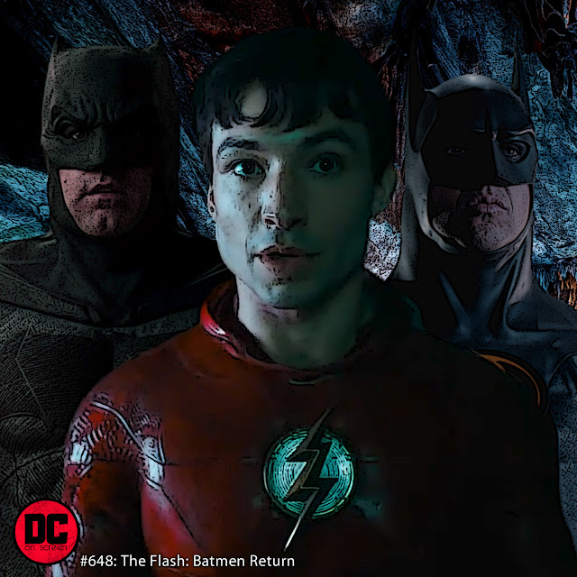 Batman (Ben Affleck), Ezra Miller (The Flash), and Batman (Michael Keaton)