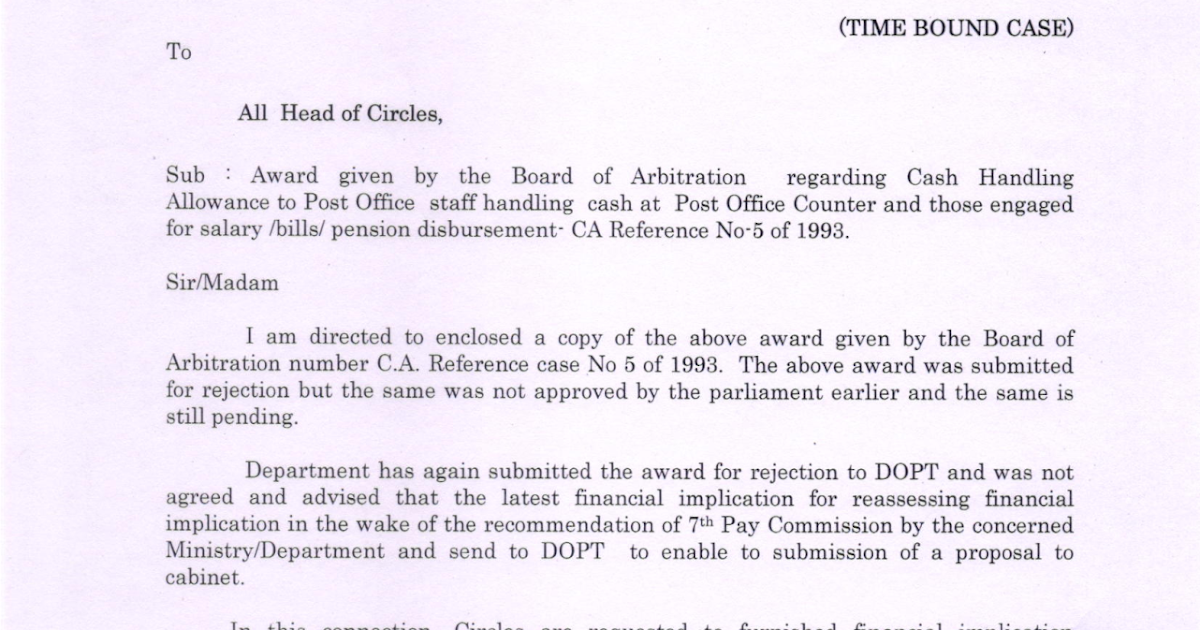 Cash handling allowance to Post Office staff handling cash at Post