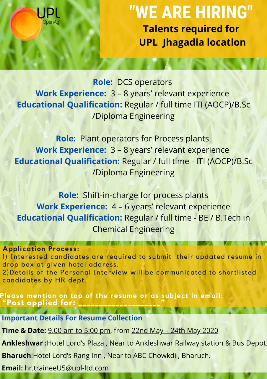 UPL Limited Jhagadia Near Ankleshwar interview Resume collection at